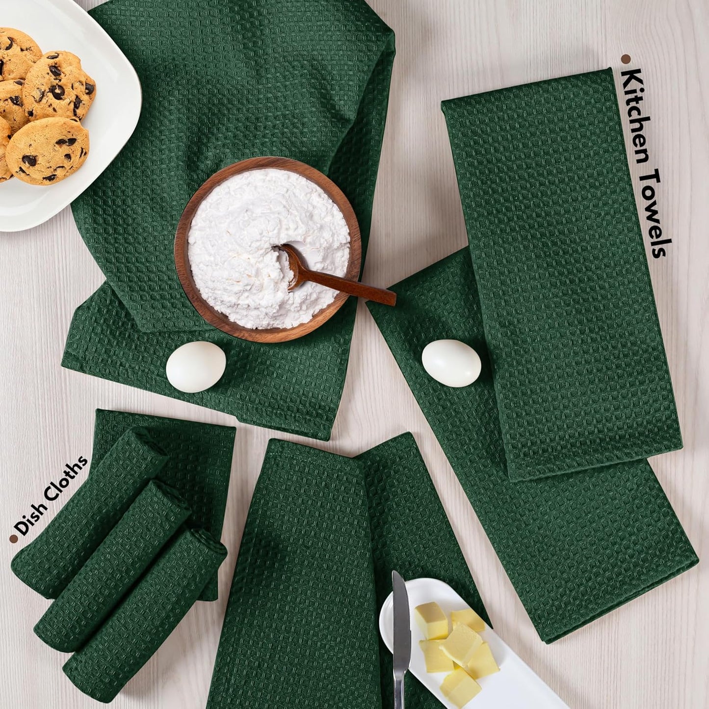 Native Fab Cotton Dish Towel & Dishcloths Set - 8 Piece, Soft, Absorbent, Fast Drying, Durable Towels for Cleaning, Baking, Cooking - Great for Home, Kitchen & Restaurant Use - Forest Green