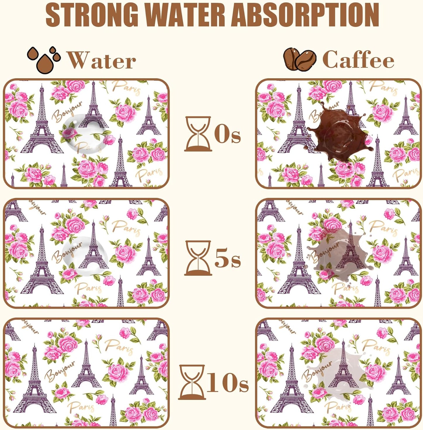 Eiffel Tower with Pink Rose Coffee Mat Absorbent Dish Drying Mat for Kitchen Counter Hide Stain Rubber Backed Coffee Bar Accessories Fit Under Espresso Machine Dish Drainer 15.7 x 23.6 Inch