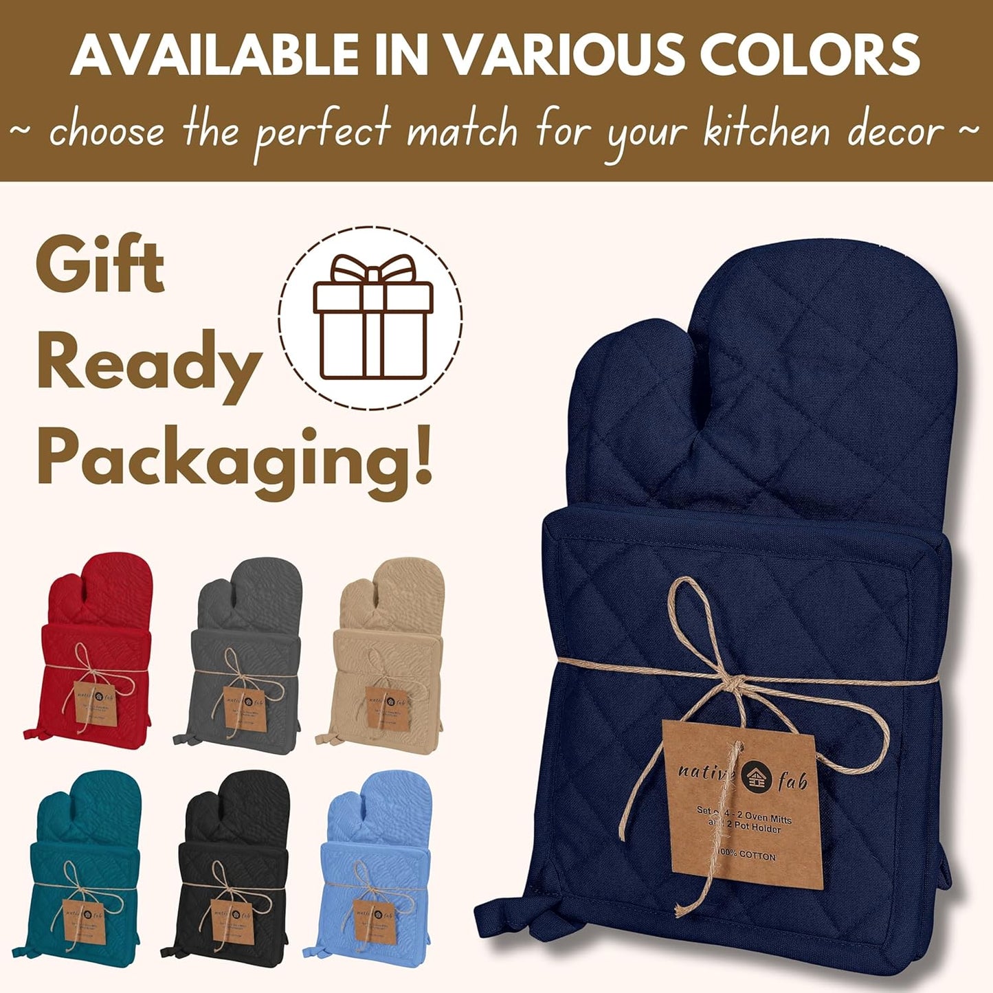 Native Fab 4 Piece Set - 2 Oven Mitts & 2 Potholders, Heat Resistant, 100% Cotton, Quilted Design, Non-Slip Grip, Machine Washable, Ideal for Baking, Cooking, BBQ, Kitchen Protection - Navy Blue