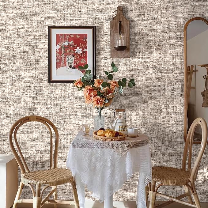 Amiya Grasscloth Khaki Wallpaper 17.3"x120" Peel and Stick Tan Faux Fabric - Image 6