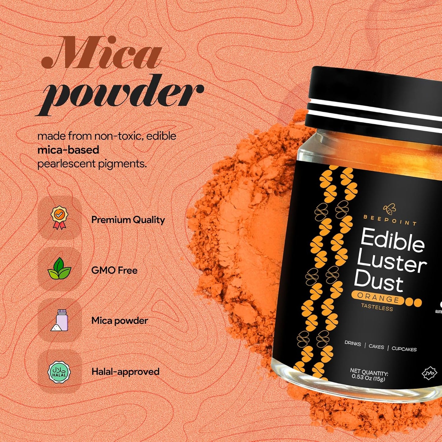 BeePoint Orange Edible Luster Dust 15g - Food Grade, Vibrant Color Shimmer Powdered Dust for Drinks, Cocktails, Cake Decorating, Baking, Chocolates, Candy, Sweets, & Cookies - Vegan & Gluten Free