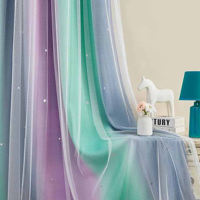 XiDi Curtains for Bedroom Decor, Rainbow Purplgreen grey34/45 - Image 3