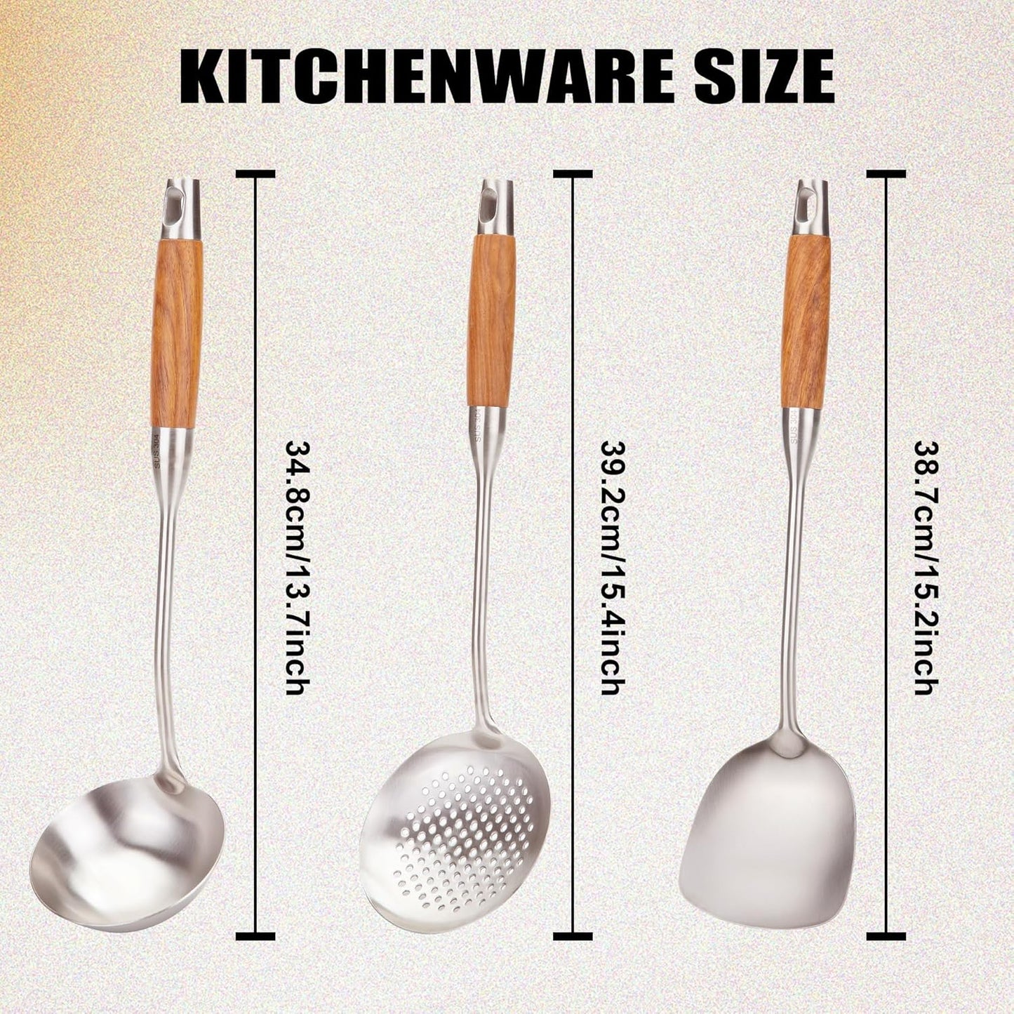 FJNATINH Wok Utensils - Wok tTools - Spatula and Ladle, Skimmer Spoon Set Metal 304 Stainless Steel Kitchen Cooking Utensils Sets, 3-Pieces Wok Tools, Wooden Handle 14-15 Inch