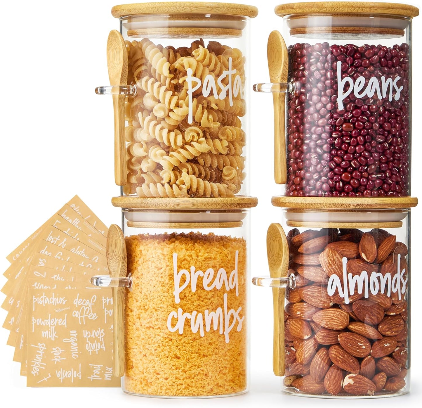 Talented Kitchen Glass Food Storage Containers with Lids - 4-Pack 17 oz Glass - Stackable Kitchen Jars for Pantry, Spice Jars & Coffee Containers for Countertop - Attached Spoons & 157 Labels