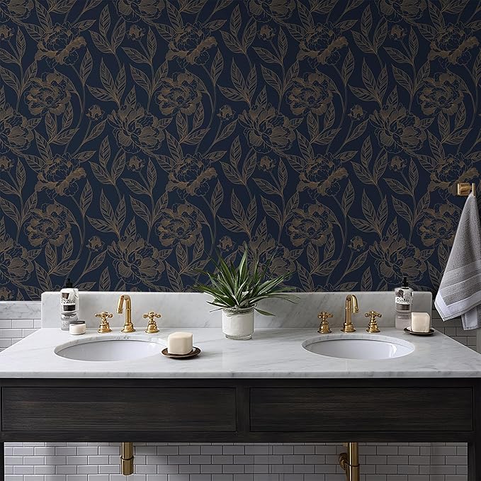 Timeet Peel and Stick Wallpaper Gold and Blue Floral Wall Paper - Image 5