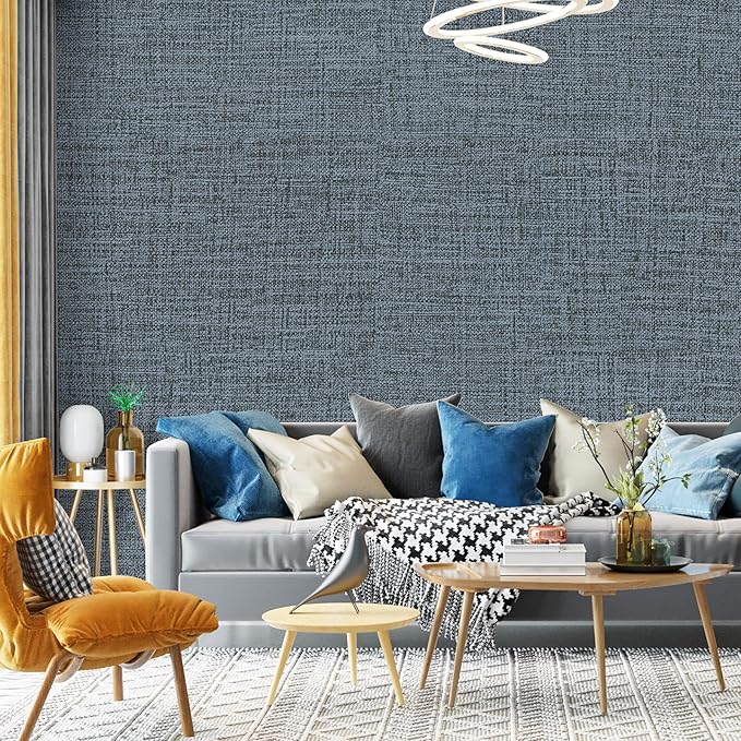 Blue Gray Grasscloth Peel and Stick Wallpaper 17.3"x1200" Faux Linen Textured - Image 8