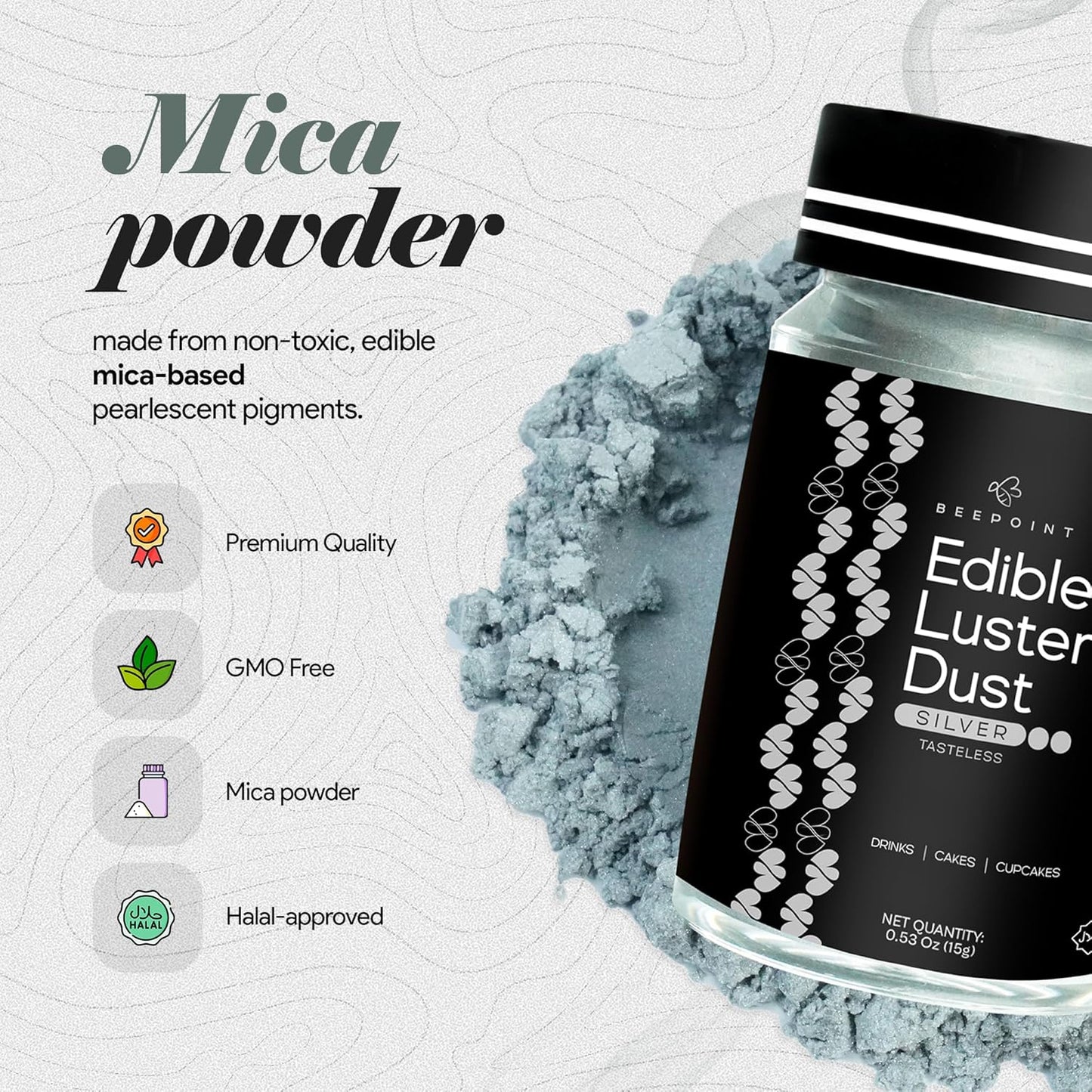 BeePoint Silver Edible Luster Dust 15g - Food Grade, Vibrant Color Shimmer Powdered Dust for Drinks, Cocktails, Cake Decorating, Baking, Chocolates, Candy, Sweets, & Cookies - Vegan & Gluten Free
