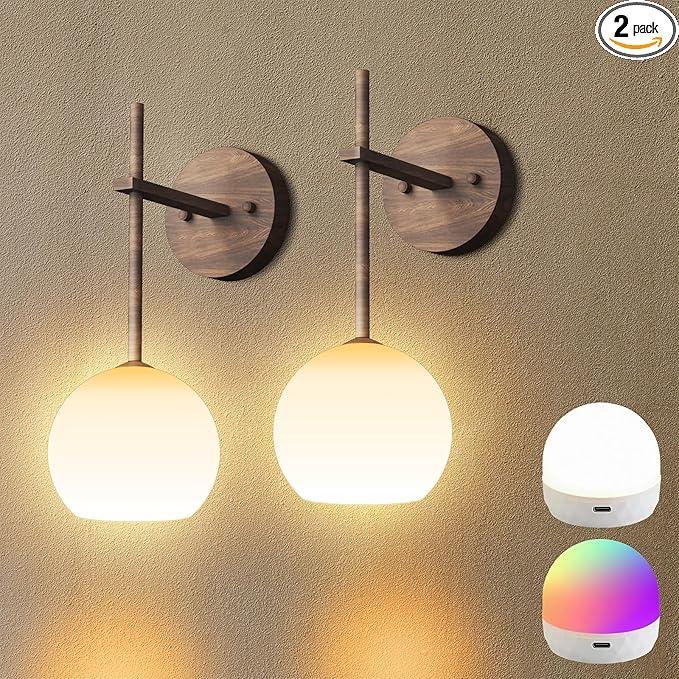 Walnut Grain Battery Operated Wall Sconces Set of 2, Rechargeable Wireless Wall by KeepShinning