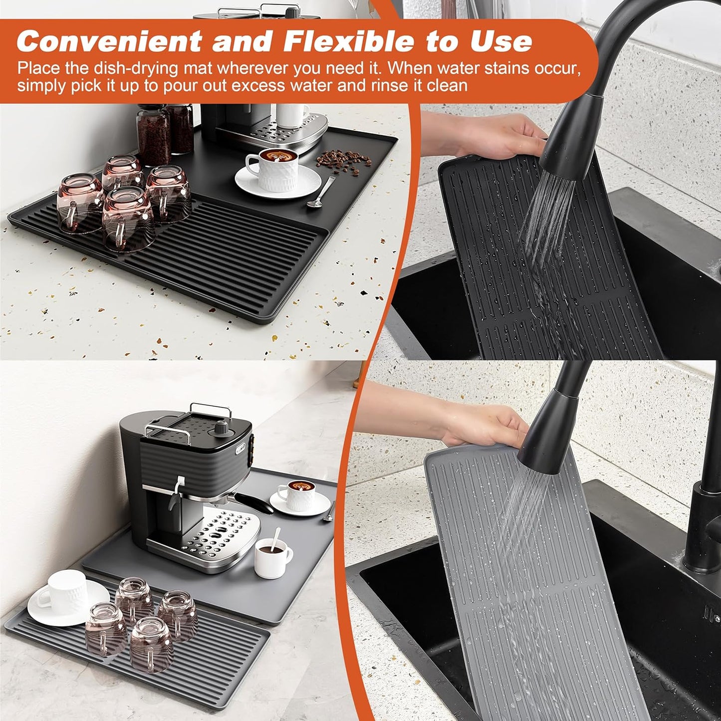 Silicone Coffee Mat, 24 x 16 Inch Non-Slip Heat Resistant, Large and Small Combination Bar Mat, Convex Edge Spill Resistant Design for Coffee Machines and Kitchen Countertops,Straight Stripe Black