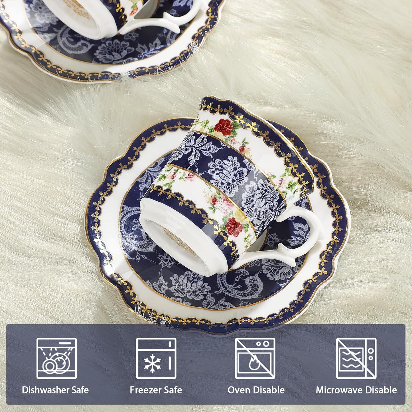 fanquare 2.5 Ounce Espresso Cups Set of 6, 12 Pieces Ceramic Demitasse Cup and Saucers, Blue Lace Pattern Espresso Mugs for Coffee Bar Home