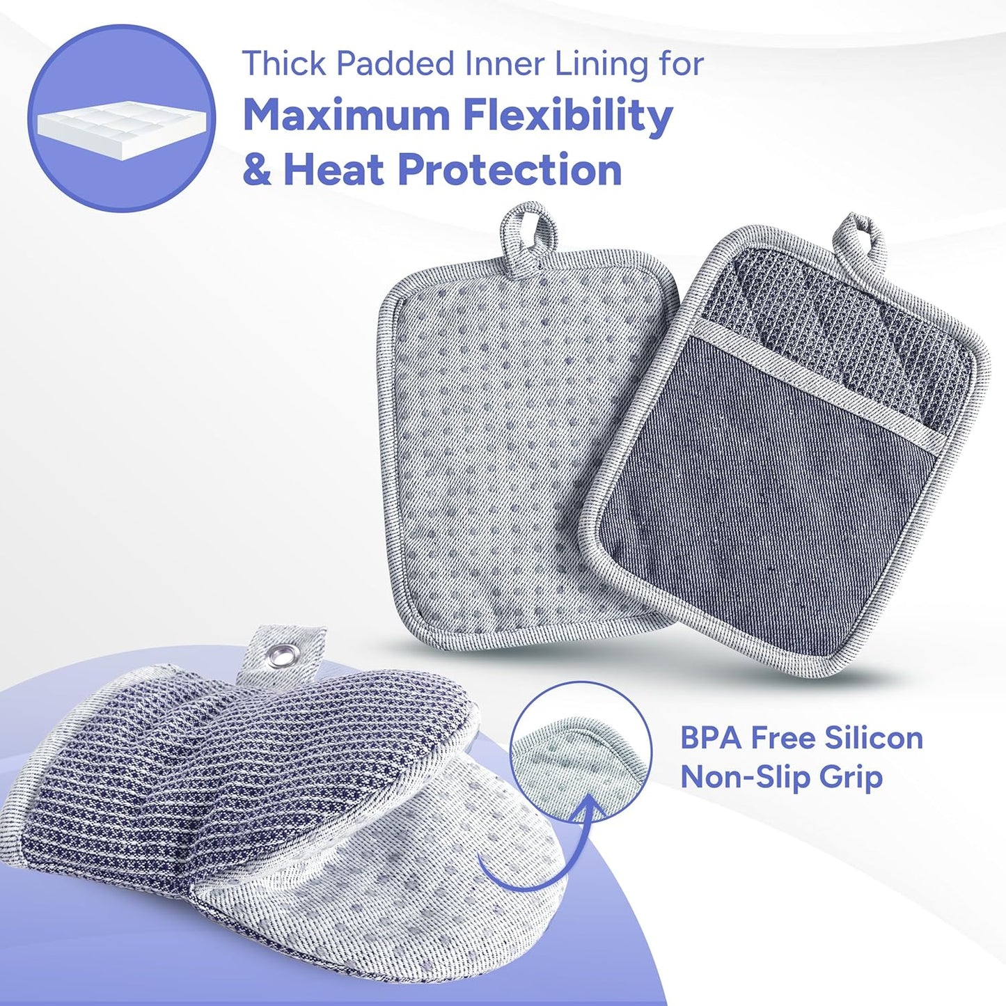 Casa Platino Mini Oven Mitts Set, 8-Piece – 500°F Heat Resistant Silicone Oven Mitts, Potholders for Kitchens, 2 Kitchen Towels & 2 Dish Cloths – Non-Slip & Durable – Indigo