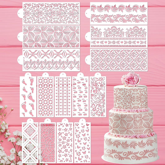 Cake Buttercream Decorating Stencils - 15 Pcs Reusable Cake Stencils Floral Boarder, Cookies Royal Icing Stencils Biscuits Decorating Template Cake Baking Stencils