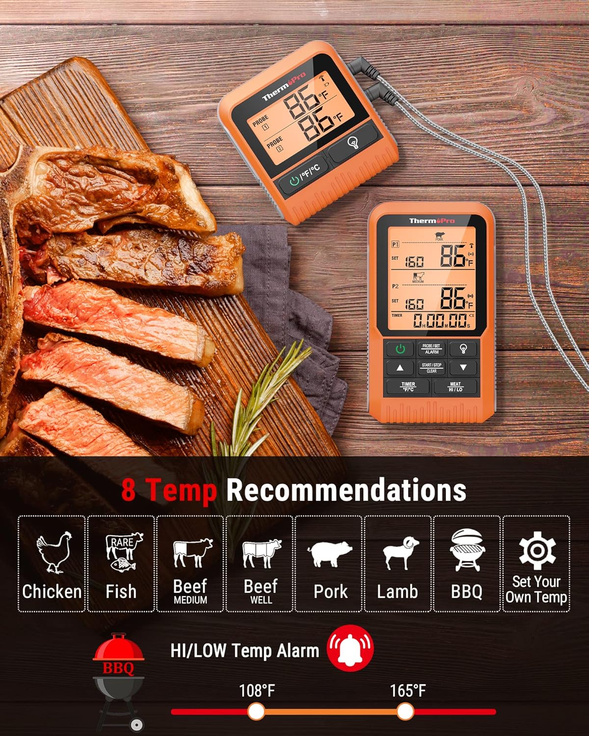 ThermoPro TP826 500FT Wireless Meat Thermometer, Dual Meat Probe Cooking Thermometer with HI/Low Alert, Food Grill Temperautre probe, Outdoor Fryer Accessories for BBQ, Smoker, Oven, Grilling Gift