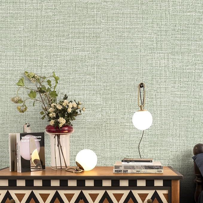Green Grasscloth Peel and Stick Wallpaper 17.3"x300" Faux Linen Textured - Image 3