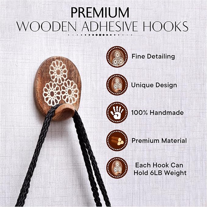 Indian Shelf 6 Lb- 6 Pieces Decorative Wood Adhesive Wall Hooks–Boho Peel and - Image 3