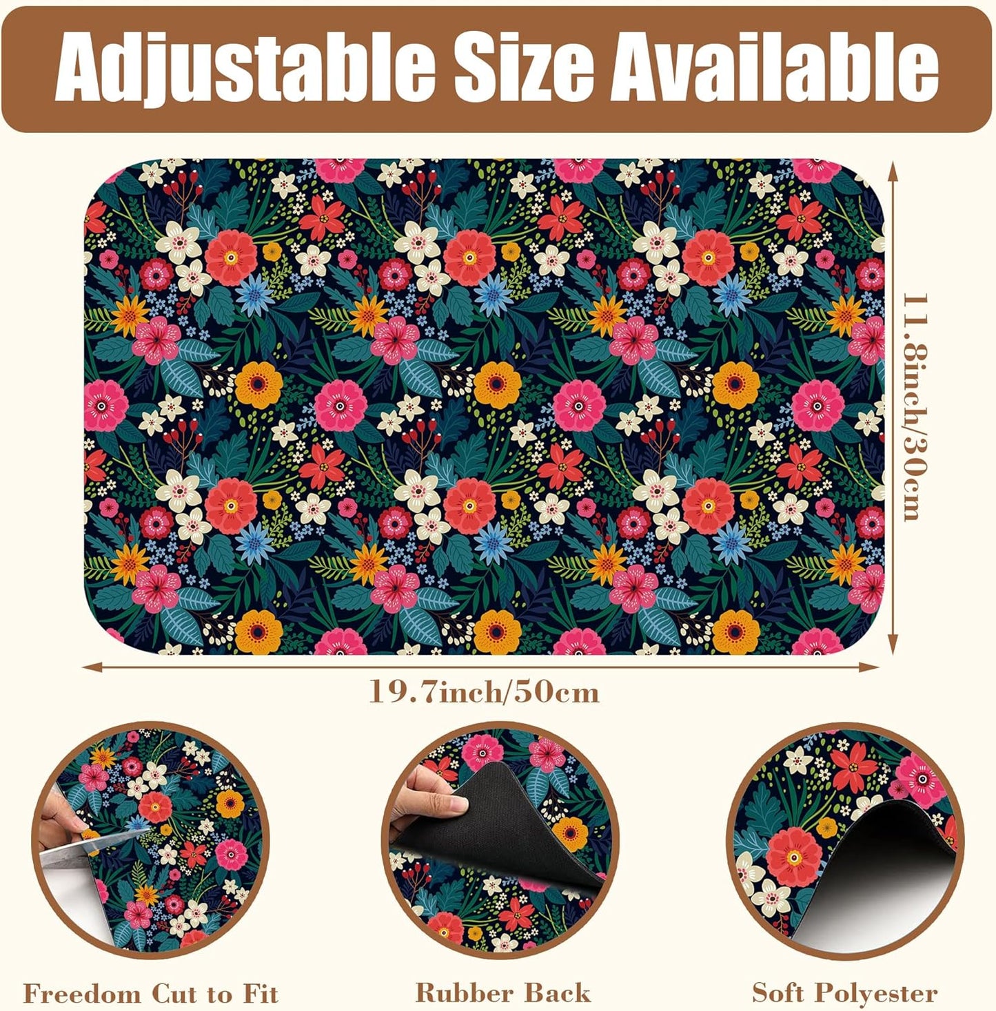 Dish Drying Mat Colorful Flowers and Leaves Coffee Bar Mat for Countertop Absorbent Hide Stain Rubber Backed Dish Drainer Rack Pad Espresso Machine Table Accessories Dining Room Decor 11.8 x 19.7 Inch