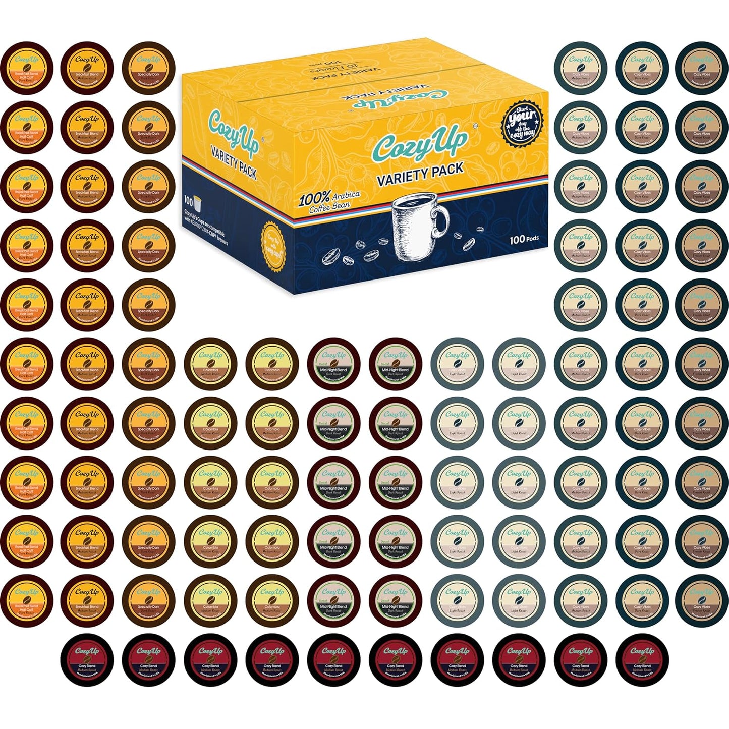 Cozy Up Variety Coffee Pods Compatible with Keurig K-Cup Brewers, 10 Assorted Flavors, 100 Count