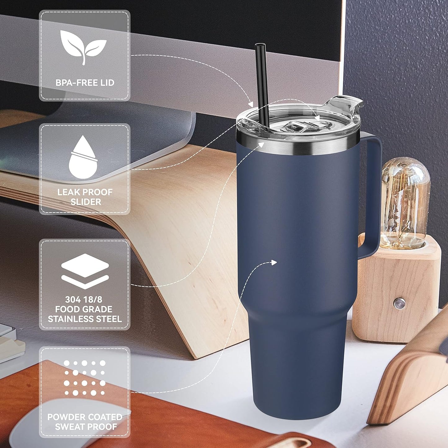 HASLE OUTFITTERS 40 oz Stainless Steel Tumbler with Handle, Vacuum Insulated Tumblers Bulk, Reusable Double Wall Travel Coffee Mug, Durable Powder Coated Water Bottles(Navy, 8)