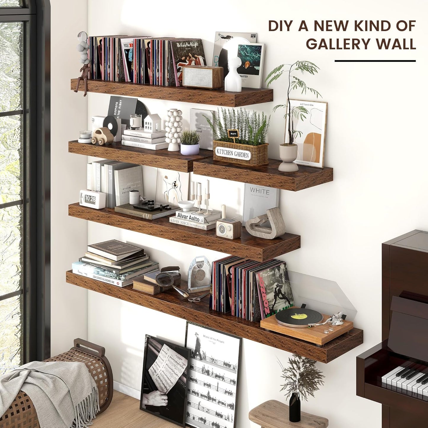 Floating Shelves - 2 Large Wall Mounted Shelves with Invisible Brackets, Long Wood Floating Wall Shelf for Living Room, Bedroom, Kitchen (Brown, 36" W x 9" D x 1.5" H)