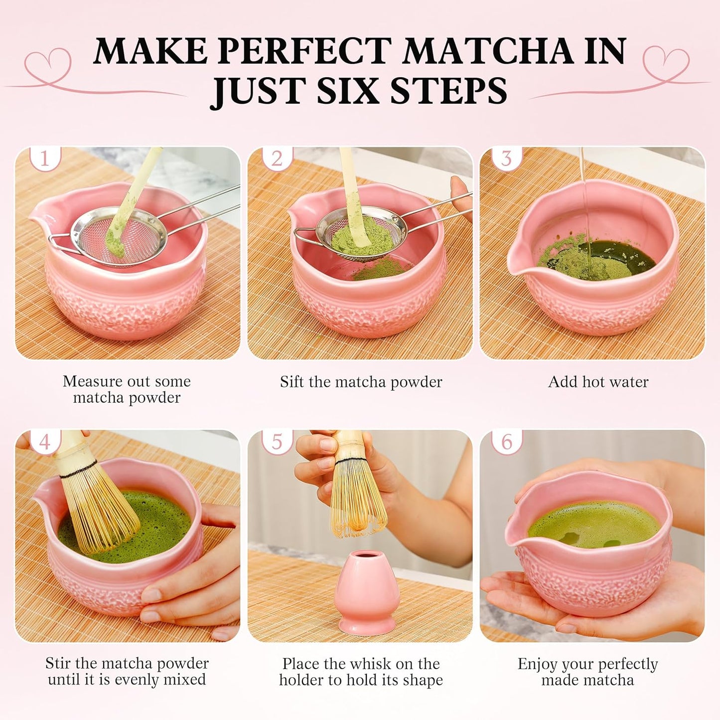 Matcha Whisk Set, Pink Matcha Set, 8 Pcs Complete Ceramic Matcha Making Kit with Bowl, Bamboo Whisk & Holder, Stainless Sifter, Tea Towel, Scoop & Scoop Rest, Perfect for Beginners & Lovers