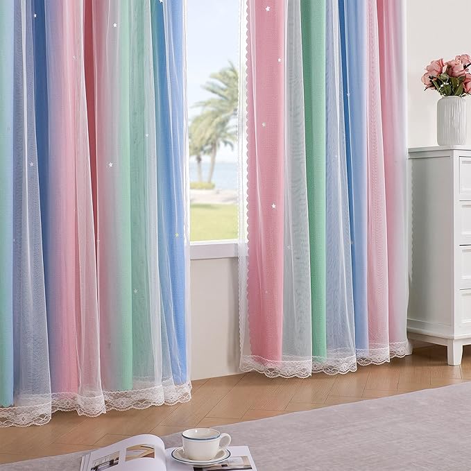 XiDi Curtains for Bedroom Decor, Rainbow Pink GreenBlue52/96/1 - Image 4