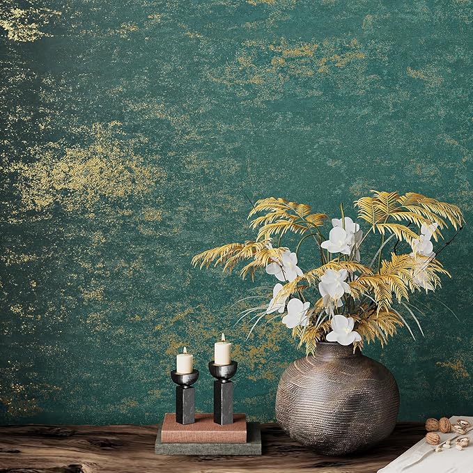 VEELIKE Distressed Teal Gold Metallic Wallpaper Peel and Stick Industrial Green by VEELIKE