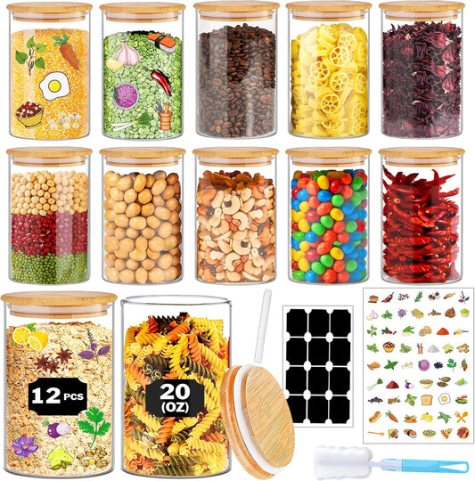 Glass Jars with Bamboo Lids 20 oz, 12 Pcs Stackable Kitchen Glass Pantry Storage Containers with Airtight Bamboo Lids for Rice, Candy, Sugar, Flour, Nuts, Cookie, Bean