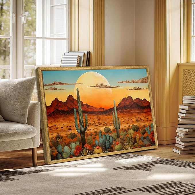 Framed Western Desert Sunset Cactus Wall Art, Vintage Southwest Nature - Image 6