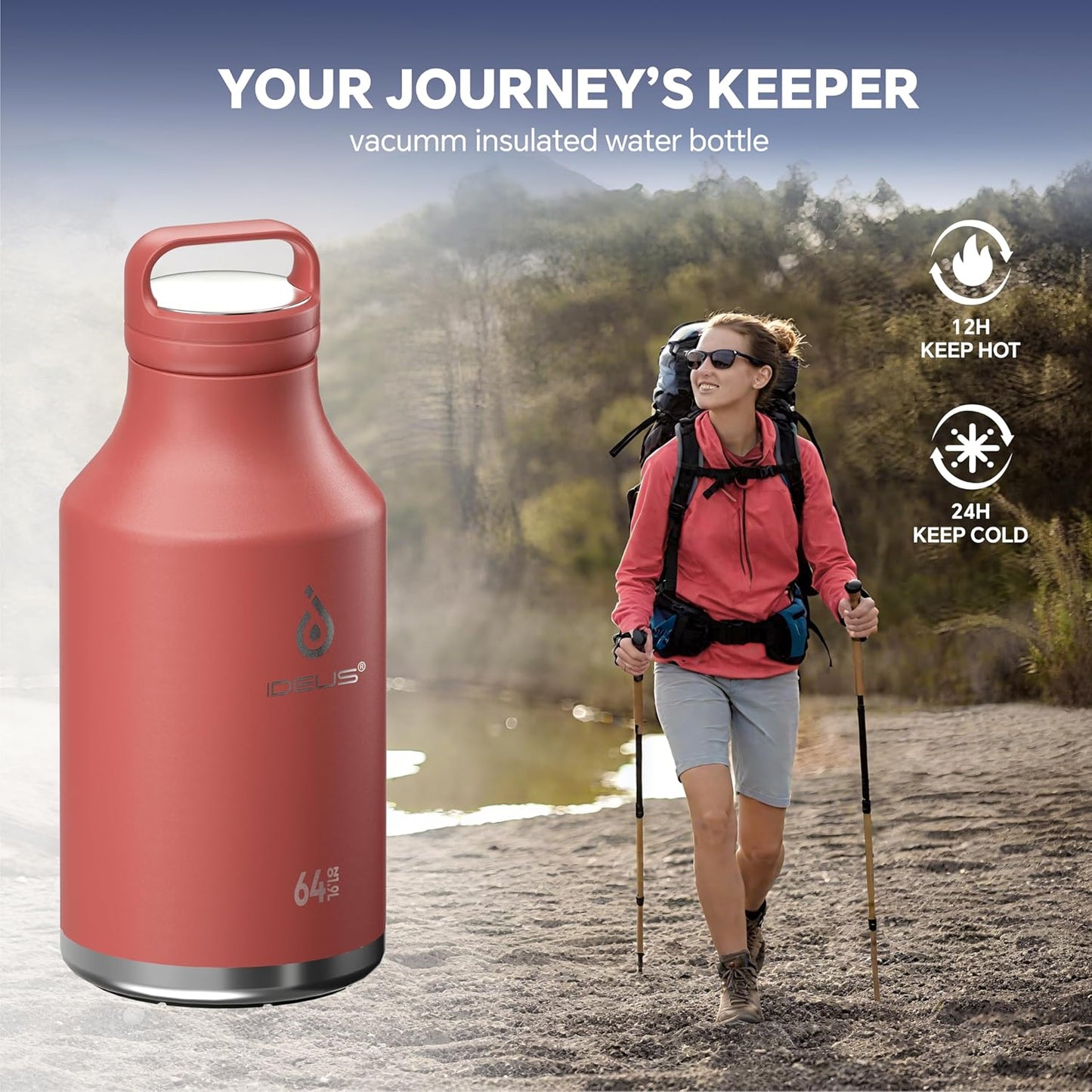 IDEUS Insulated Stainless Steel Water Bottle with 2 Leak-Proof Lids, Thermal Water Flask for Hiking Biking, 64oz, Red