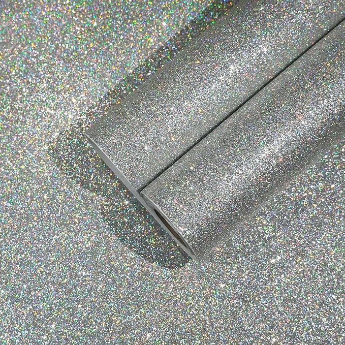 CHIHUT Peel and Stick Silver Holographic Glitter Wallpaper by CHIHUT