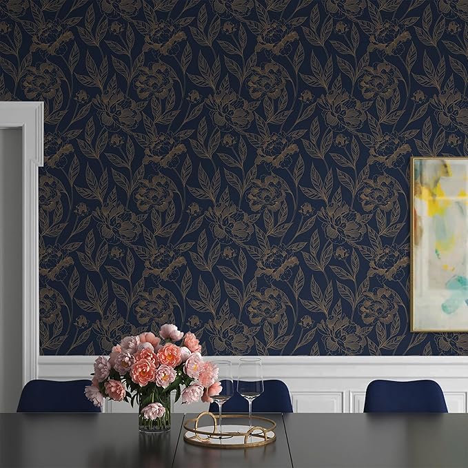Timeet Peel and Stick Wallpaper Gold and Blue Floral Wall Paper - Image 4