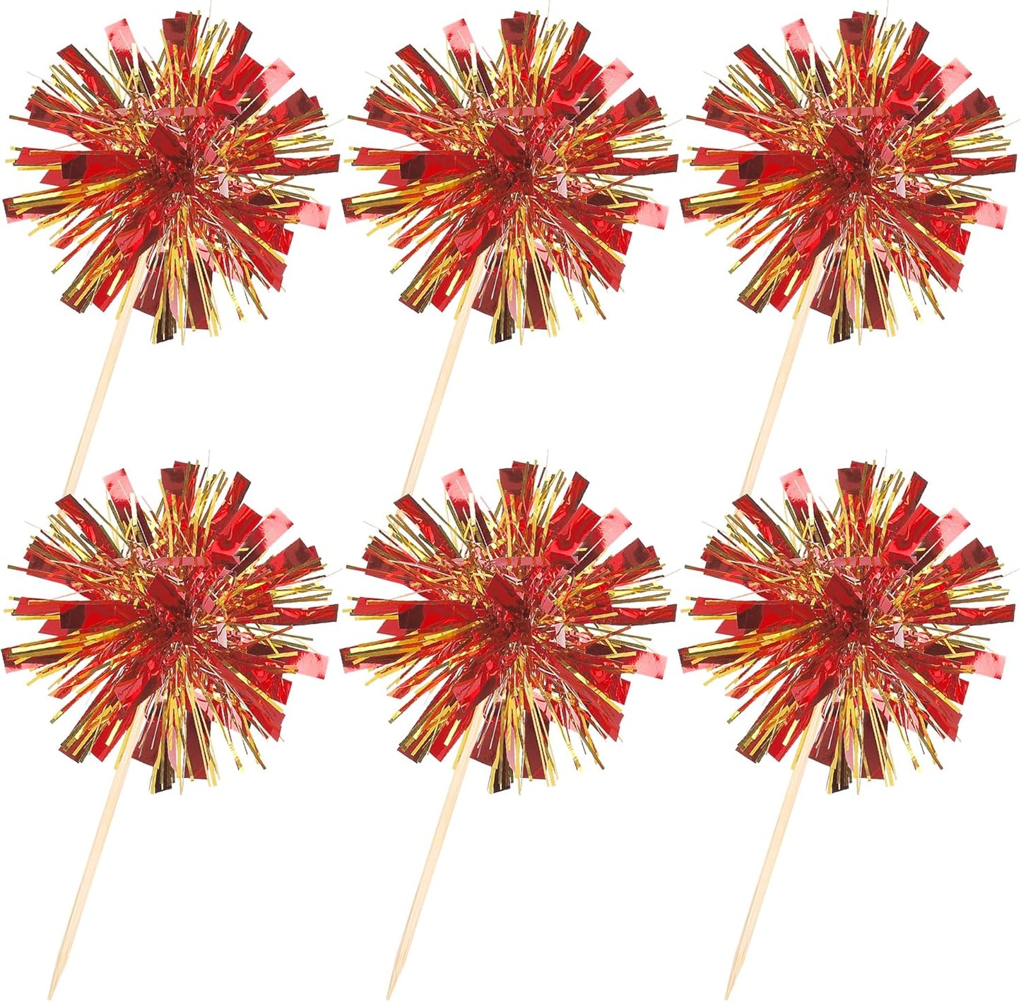 30 PCS Foil Firework Cupcake Toppers Sparkle Tinsel Cupcake Picks Happy Birthday Cake Decorations Drink Stirrers Cocktail Food Fruit Toothpicks for Baby Shower Graduation Party Supplies Red Gold