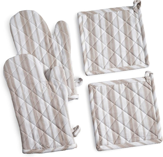 Oven Mitts & Potholder Set - Durable Heat Resistant Gloves - Thick Mittens for Kitchen - Suitable for Cooking, Baking, Grilling – BBQ - 2 Oven Mitts & 2 Potholders – Taupe Stripes - Casa De Lan
