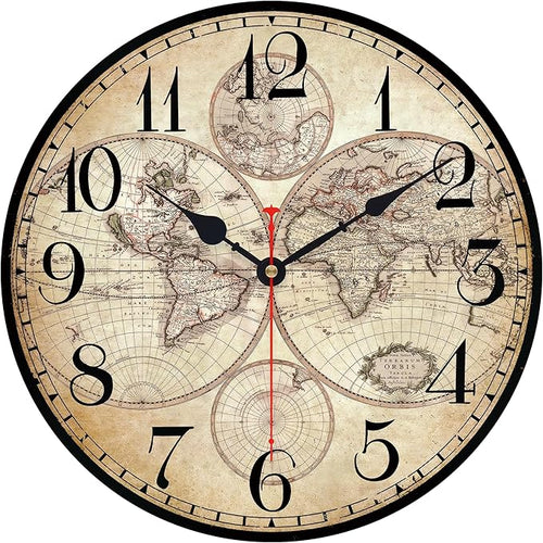14 Inch Wooden Wall Clock Globe World Map Retro Vintage Rustic Wall Clocks by Toudorp