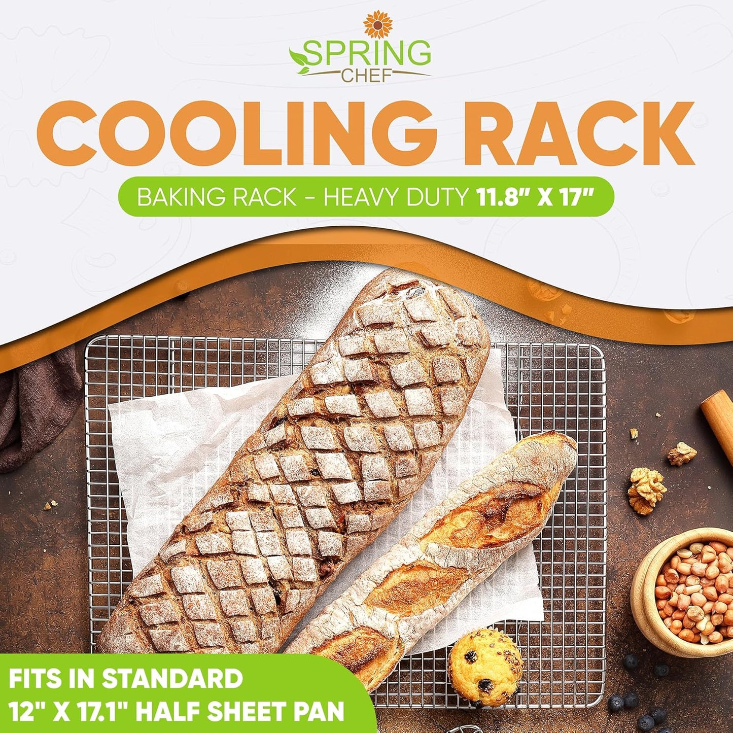 Spring Chef 11.8 x 17 Inch Stainless Steel Cooling Racks for Cooling & Baking - Oven Safe - Wire Roasting Racks for Oven Use - Fits Half Sheet Cookie Pan - Dishwasher Safe - Set of 2
