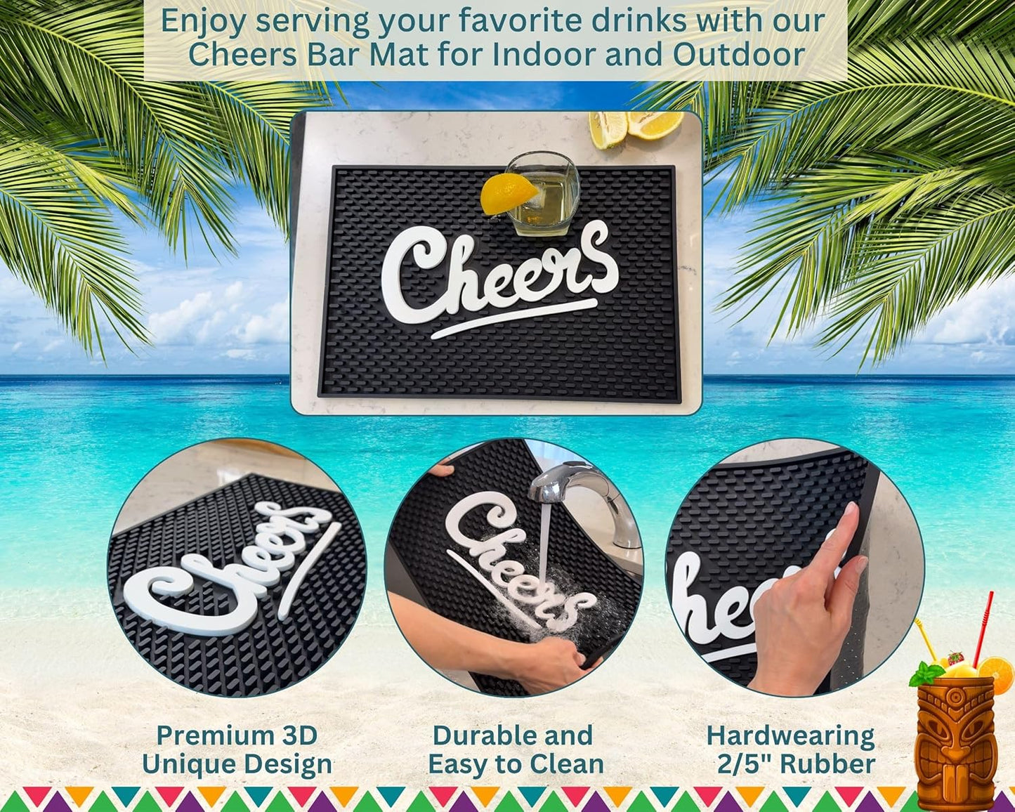 Cheers Sign Tiki Bar Mats for Countertop 18 x 12in, Tiki Decor Cheers Sign for Bar Cart Decor and Accessories and Essentials, Silicone Coffee Mat and Coffee Matt for Counter, Drink Signs for Party