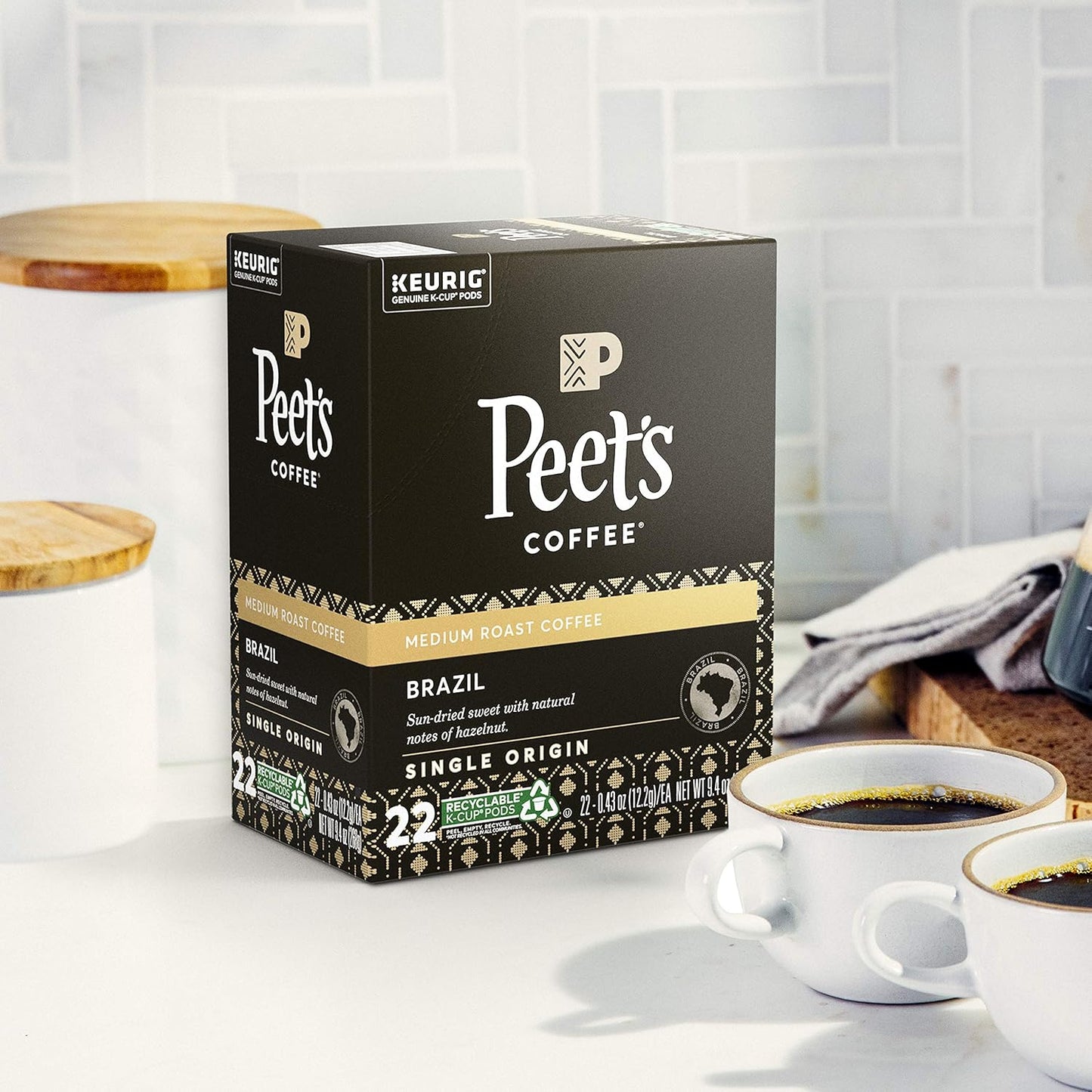 Peet's Coffee Single Origin Brazil, Medium Roast, 22 Count Single Serve K-Cup Coffee Pods for Keurig Coffee Maker
