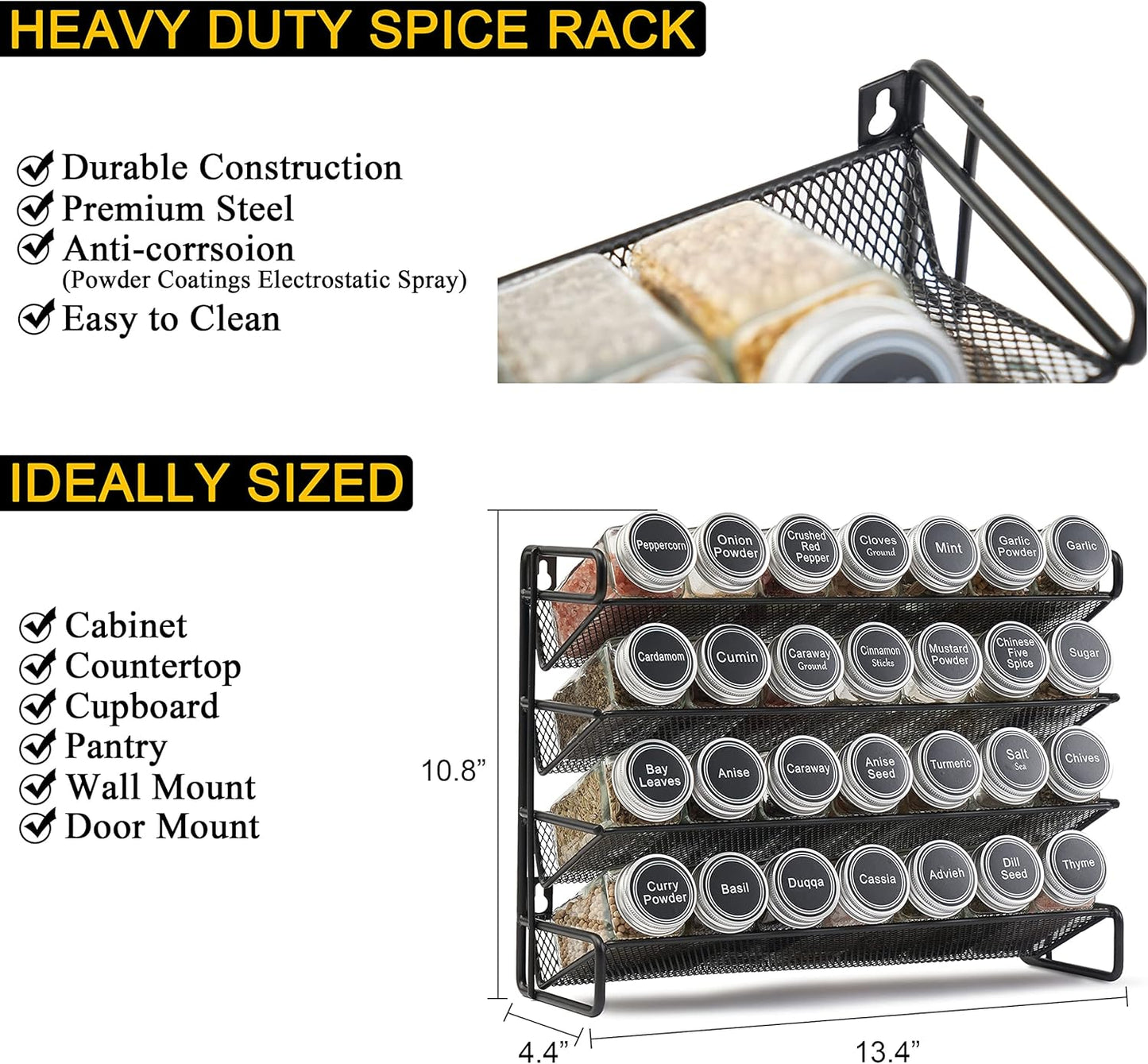 SpaceAid Spice Rack Organizer with 28 Spice Jars, 386 Spice Labels, Chalk Marker and Funnel Set for Cabinet, Countertop, Pantry, Cupboard or Door & Wall Mount - 28 Jars, 13.4" W × 10.8" H, Black