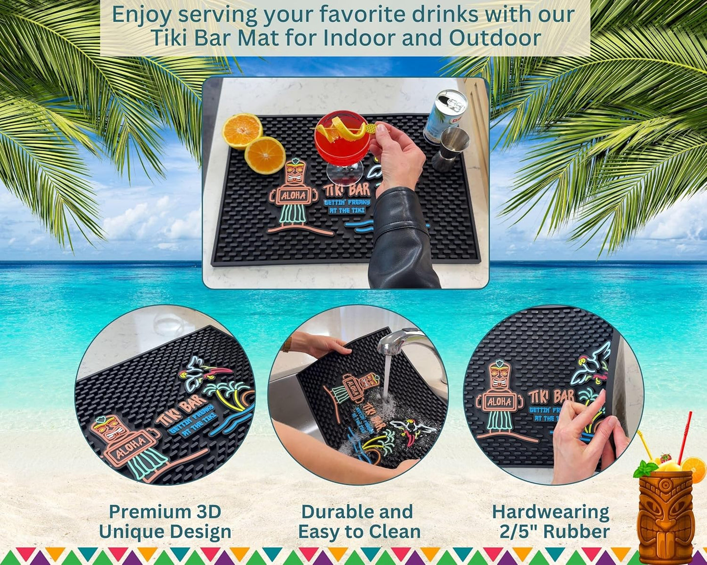 Aloha Tiki Bar Mat Gettin Freaky at The Tiki 18x12 in Hawaiian Decorations | Luau Party Decorations & Hawaiian Party Decorations Bar Mats for Countertop, Hawaii Palm Tree, Flying Parrot Tiki Bar Decor
