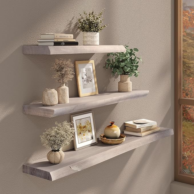 Live Edge Floating Shelves Set of 2, 36 Inch Solid Elm Wood Wall Shelves - Image 2