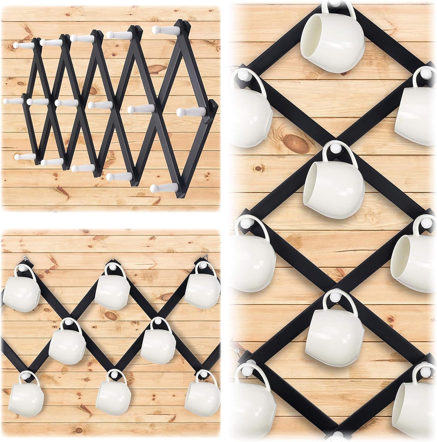 Dseap Accordian Wall Hanger: Wooden Coat Rack Wall Mounted, Hat Racks for Baseball Caps, Mug Rack, 16 Peg Hooks, Black & White