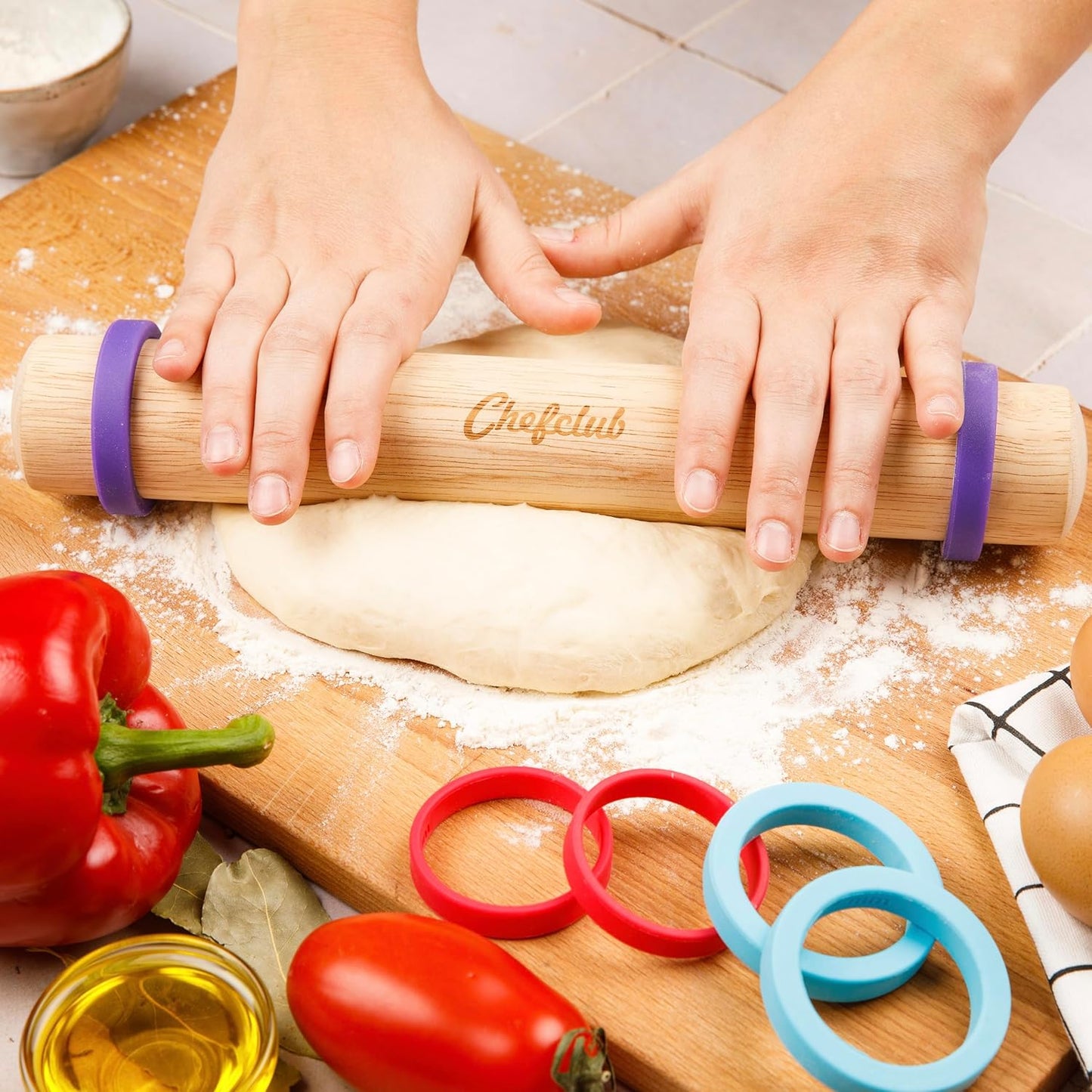 Adjustable Wooden Rolling Pin - 3 Removable Silicone Rings - Perfect for Baking & Pastry, Pizza, Pie, Cookie Dough - Precision Baking Tool for Kids