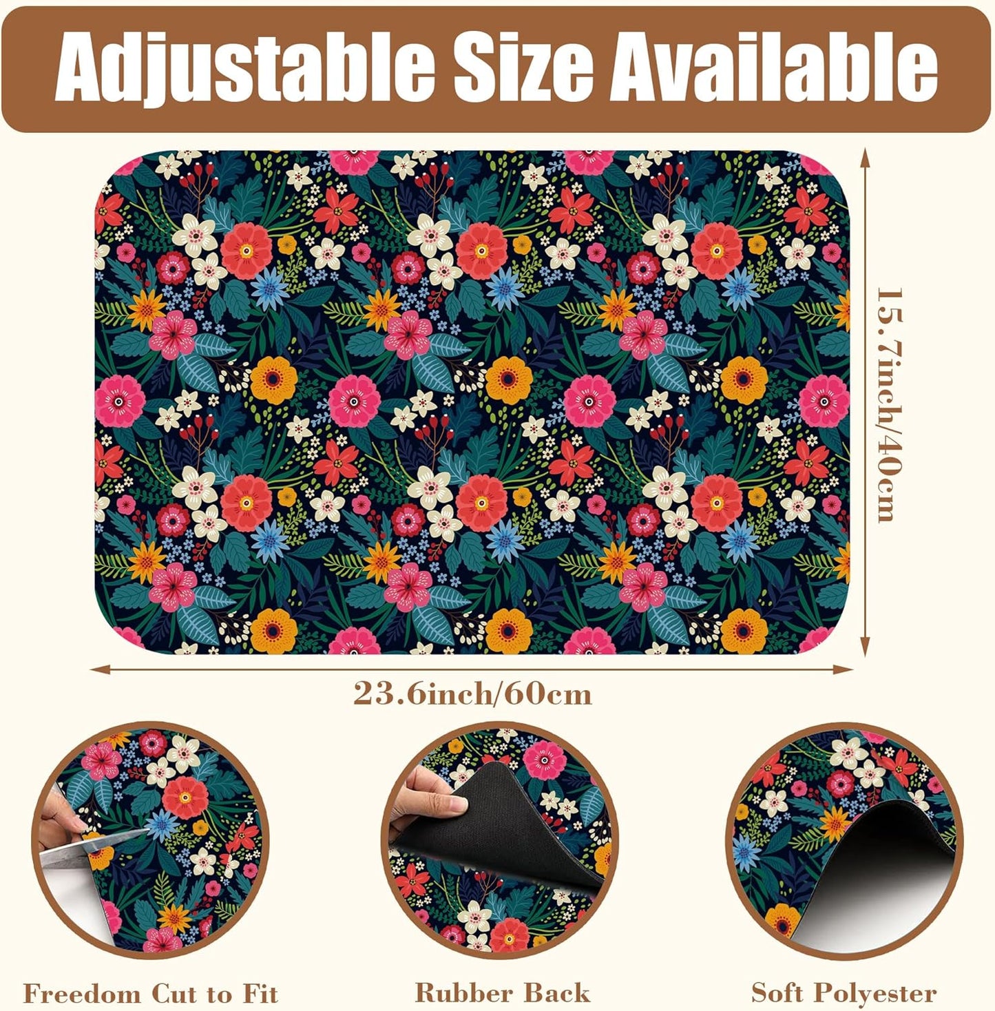 Dish Drying Mat Colorful Flowers and Leaves Coffee Bar Mat for Countertop Absorbent Rubber Backed Hide Stain Dish Drainer Rack Pad Espresso Machine Dining Room Decor 15.7 x 23.6 Inch