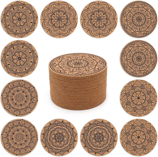 Coasters for Drinks 12 pcs Absorbent Cork Coasters with Flower Pattern Housewarming Gifts for New Home Present for Friends, Living Room Decor, Apartment Decor