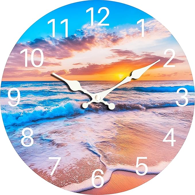 Sea Beach Blue Sky Sand 14 Inch Wooden Wall Clock by EZXZZ