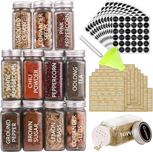 SWOMMOLY 36 Glass Spice Jars with 703 Spice Labels, Empty Square Spice Bottles 4 oz with Pour/Sift Shaker Lid, Airtight Cap, Chalk Marker and Funnel Complete Set