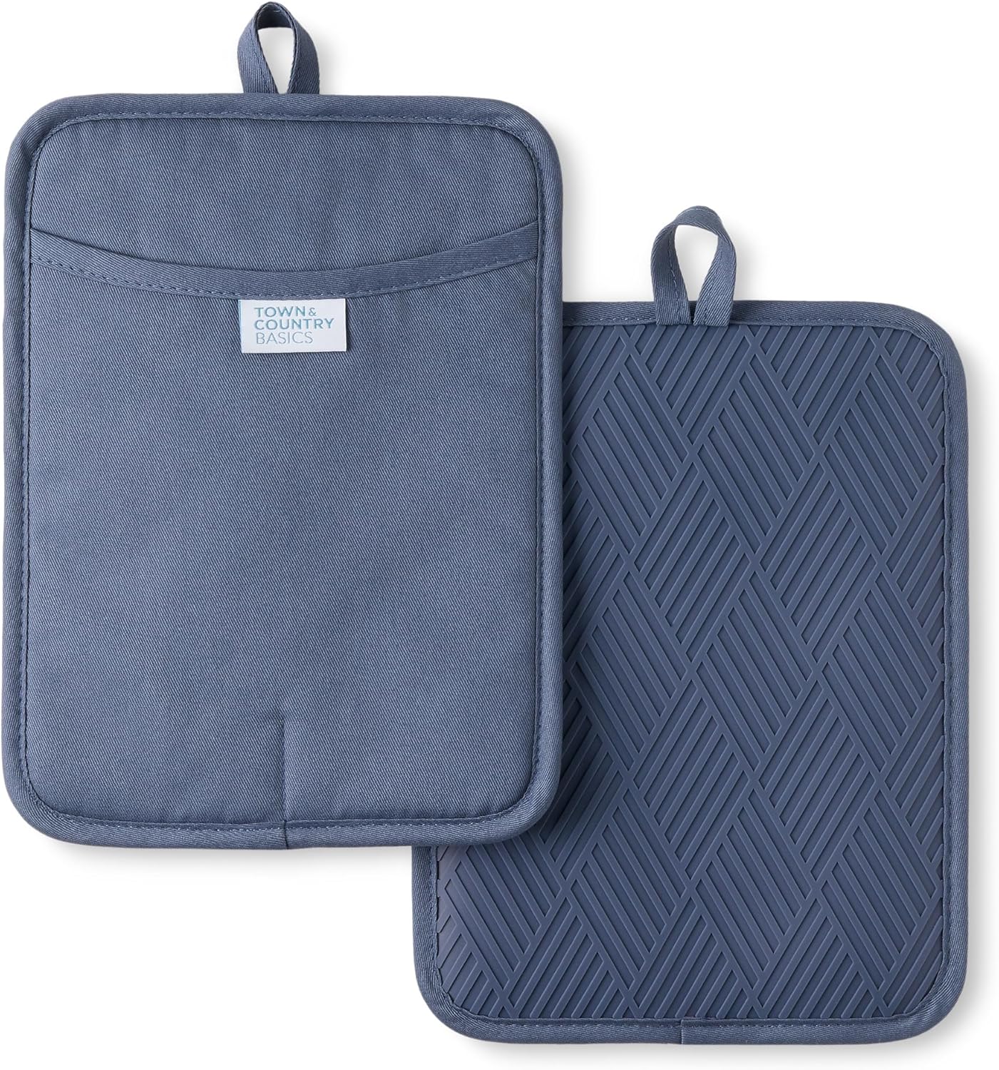 TOWN & COUNTRY BASICS Basketweave Soft Silicone Pot Holder 2-Pack Set, Heat Resistant up to 500F, Flexible Silicone, Non-Slip Grip, Blue, 7.5"x10"