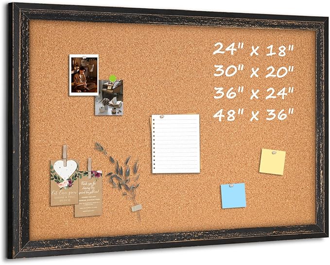 Cork Board Bulletin Board, Rustic Black Wooden Frame, Decorative Hanging Pin by QUEENLINK