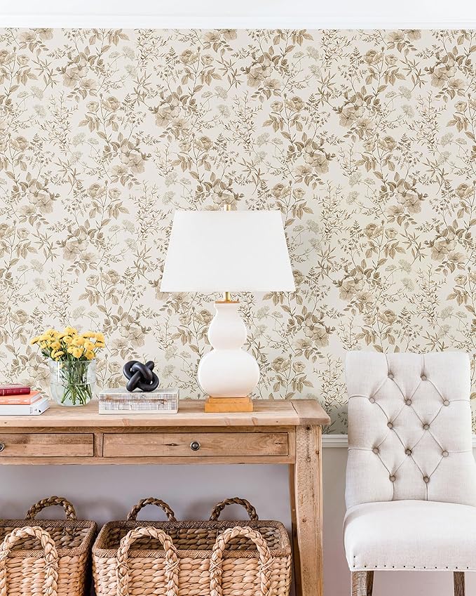 Erfoni 16.9" x394" Beige Floral Peel and Stick Wallpaper Boho Floral Leaf - Image 8