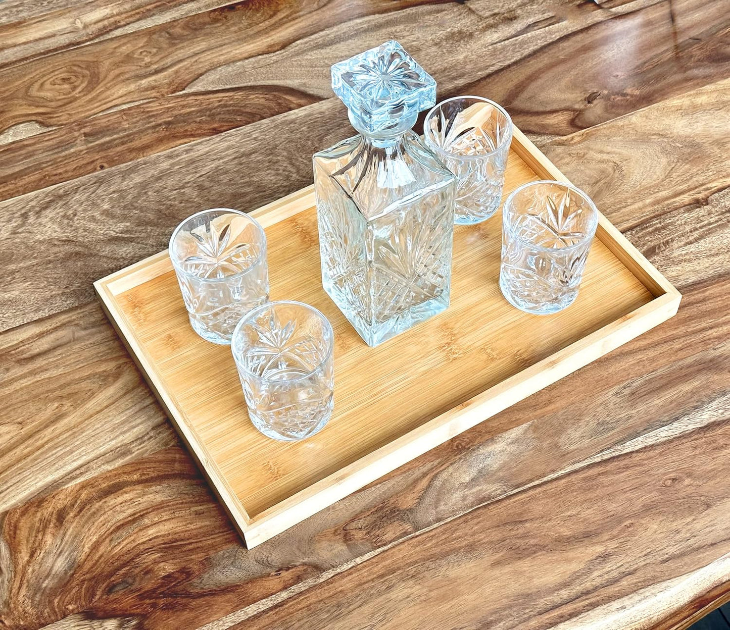 Bam & Boo - Natural Bamboo Serving Tray Modern Rectangular - for Food, Drinks, Decor, Vanity in Home, Kitchen, Bathroom, Coffee Table, Bed(Extended, 17.75” x 11.8" x 1.2")